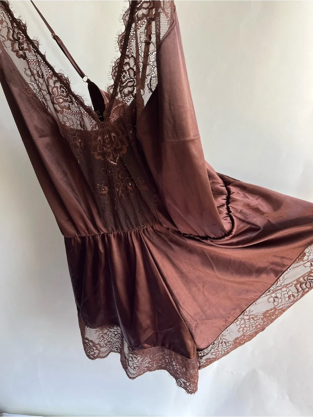 Mentionables Romper Chocolate Brown Satin And Lace Cross Back Sz 2X Adjustable